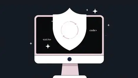 Computer screen shield icon protection software vulnerabilities code symbols illustration
