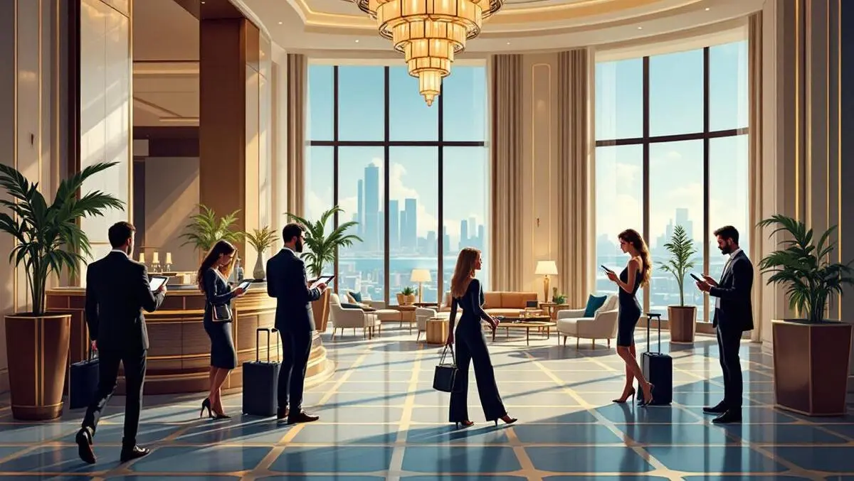 Luxury hotel lobby elegant travelers digital devices high end decor