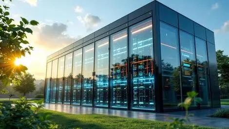 Realistic photo modern uk data center building surrounded by greenery