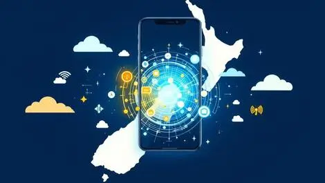 Sleek mobile phone emitting waves clouds network signals new zealand map
