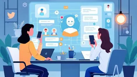 Modern office professionals collaborating ai chatbot digital screen
