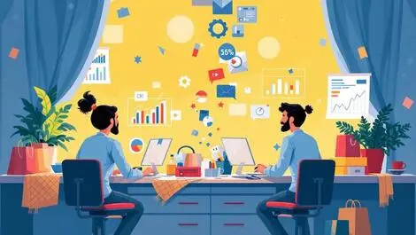 Small business owners analyzing charts data shopping bags electronic products