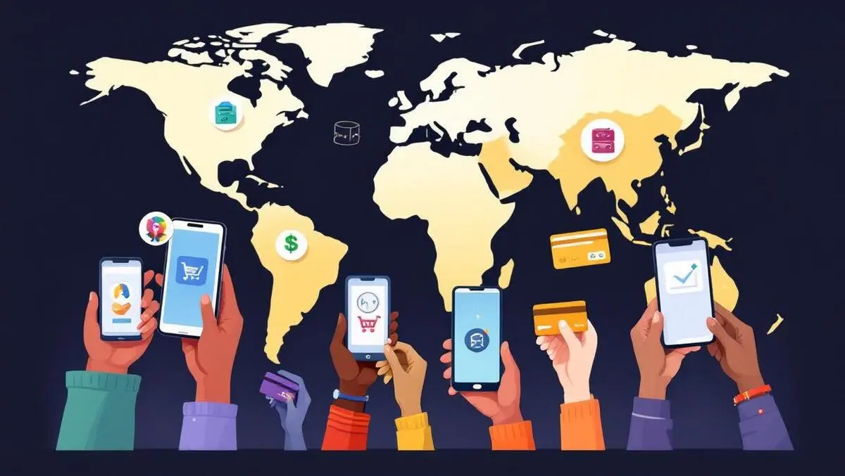 Diverse hands holding smartphones payment cards digital payments global regions