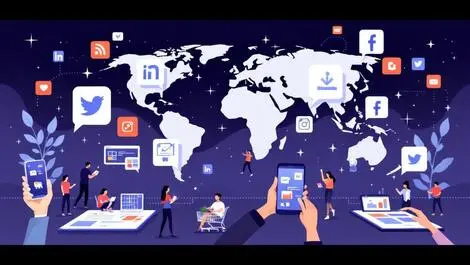 Modern illustration people shopping smartphones social media icons global map