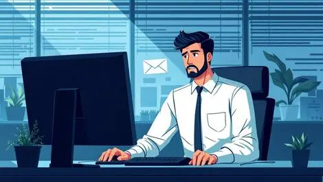 Realistic office worker caution suspicious email modern corporate desk