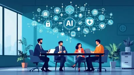 Hospital leaders discussing ai data security medical icons modern healthcare