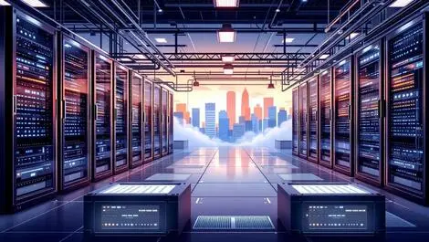 Modern data center server racks cables cooling indonesian city skyline