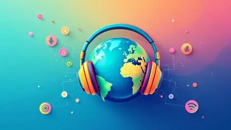 Colorful headphones globe sound waves global podcast tech vector