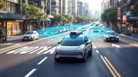 Realistic illustration modern autonomous vehicle with advanced radar sensors navigating busy south korean city street