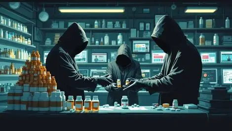Detailed illustration suspicious unlicensed pharmacy fake medicine exchange counterfeit pills scam websites