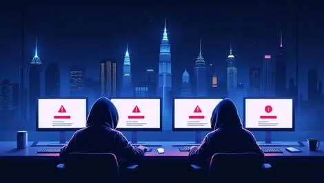 Digital illustration shadowy hooded figures cyber attacks malaysia