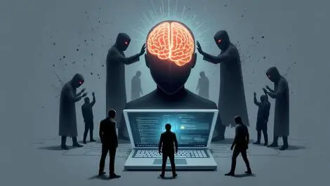 Digital graphic computer with ai brain surrounded by shadowy threats