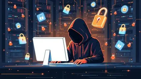 Hooded figure operating computer server racks digital locks bugs cyberattack linux cloud