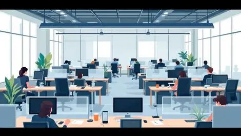 Open plan office quiet focused work environment people at desks phones screens off