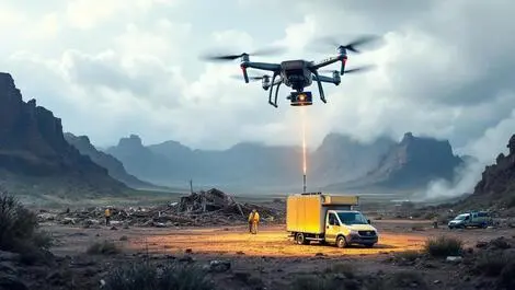 Realistic drone deploying communications device over storm damaged australian landscape