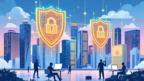 Modern singapore cityscape digital locks shields ai security shadowy threats