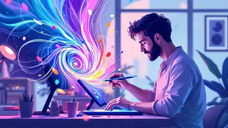 Digital artist painting quantum effects with stylus on tablet modern studio