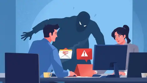 Office workers computer alert suspicious email shadowy figure cybersecurity