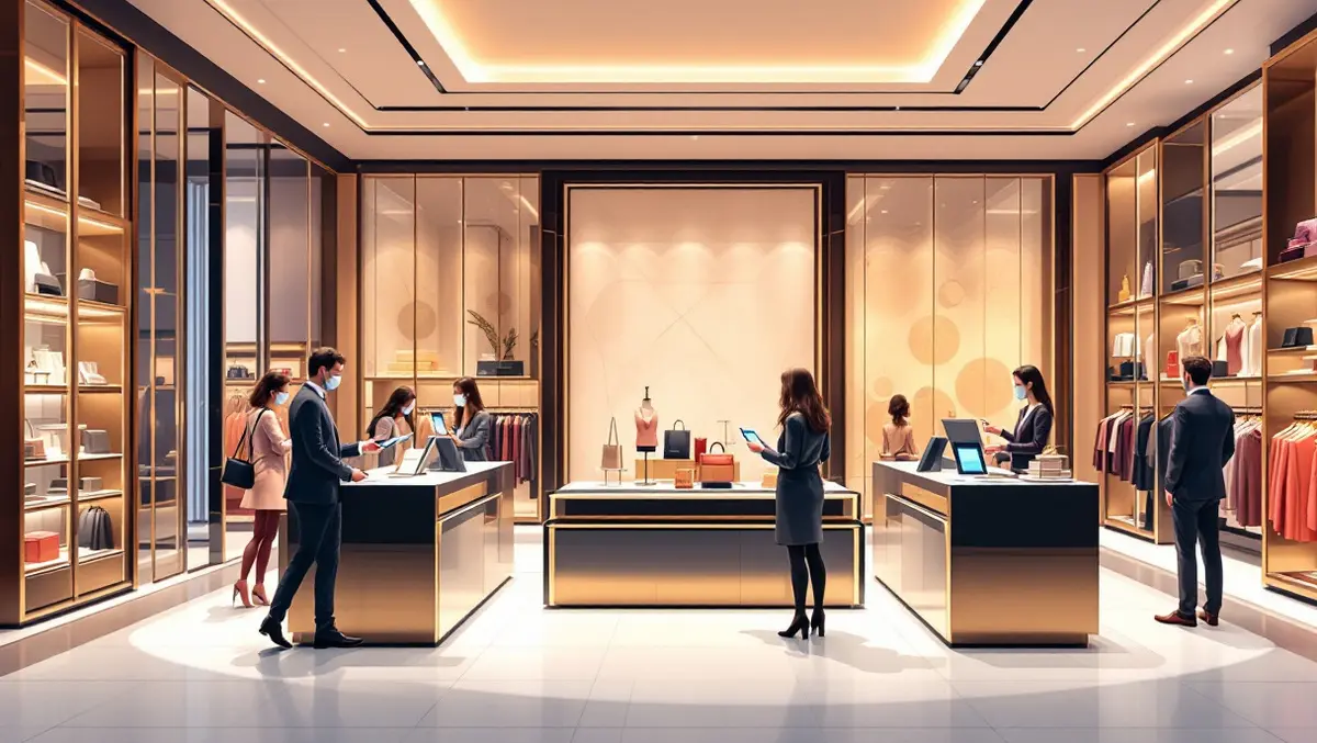 Luxury retail store elegant displays well dressed customers contactless payments