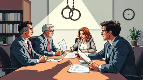 Australian school board members reviewing payroll documents with handcuffs shadow