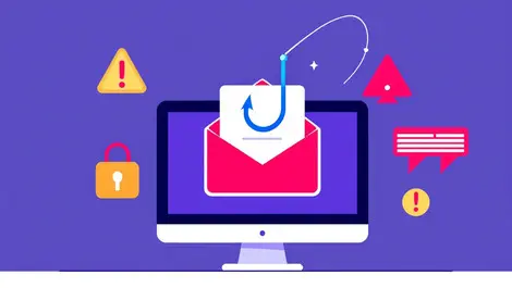 Computer screen email inbox fishing hook alert symbols phishing threats cyber risk awareness