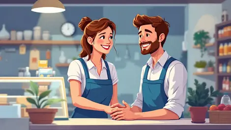 Australian shopkeeper helping smiling customer at brightly lit counter