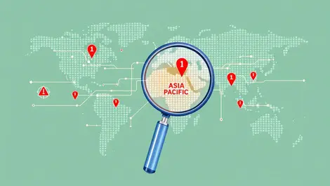 Digital world map asia pacific cyber risk detection binary code alerts