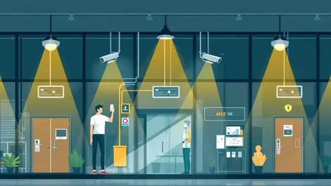 Modern office building high tech surveillance cameras keycard access sensors