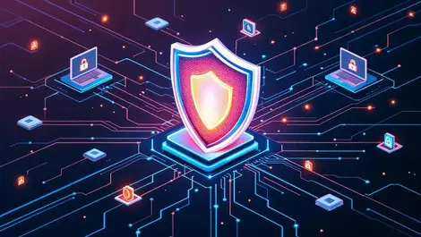 Shield protecting network of interconnected computers with digital threat icons