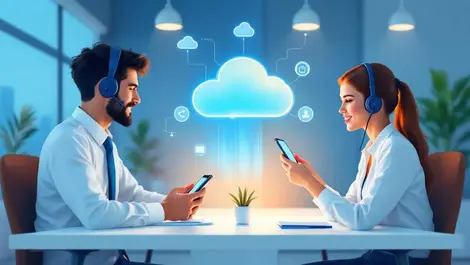 Business professionals modern office smartphones headsets cloud communication ai