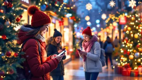Canadian holiday shoppers using smartphones browsing gift ideas cozy mall