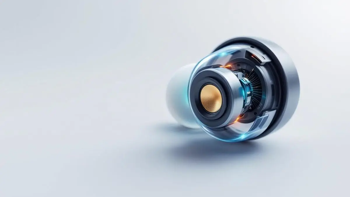 Close up advanced earphone exposed interior compact speaker microphone module