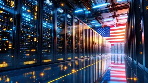 Modern data center server racks supercomputing us flag technology leadership