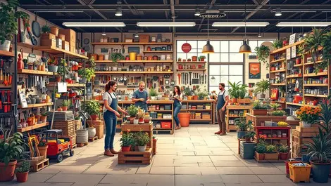 Realistic illustration busy australian hardware store shoppers browsing tools plants friendly trustworthy