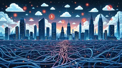 Modern city skyline glowing cloud icons overhead thick tangled cables below