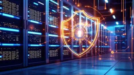 Modern data center interior sleek server racks blue glow security shield ai protection