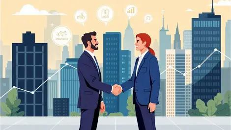 Businesspeople shaking hands cityscape icons insurance financial planning wealth management