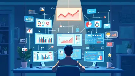 Modern office digital interfaces computer screens graphs charts analytics