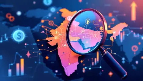 Magnifying glass analyzing complex money trails india middle east financial analytics