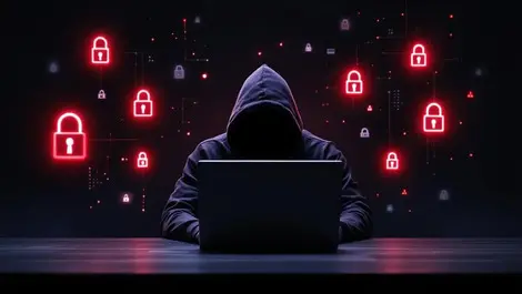 Photorealistic hooded figure at computer with floating digital locks warnings cybercrime