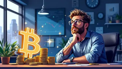 Australian ceo considering investment in branding with coins and glowing logo modern office