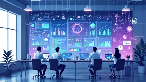 Modern office businesspeople analyzing data digital screens ai icons circuit patterns investment technology resilience