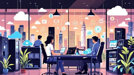 Modern office workspace servers cloud network mumbai cityscape technology growth india