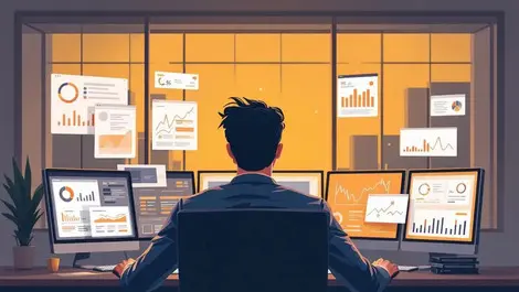 Worried businessperson uk office multiple monitors software dashboard waste