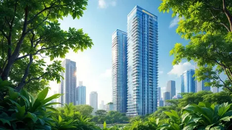 Modern high rise building jakarta lush greenery sunlight energy efficient glass facade