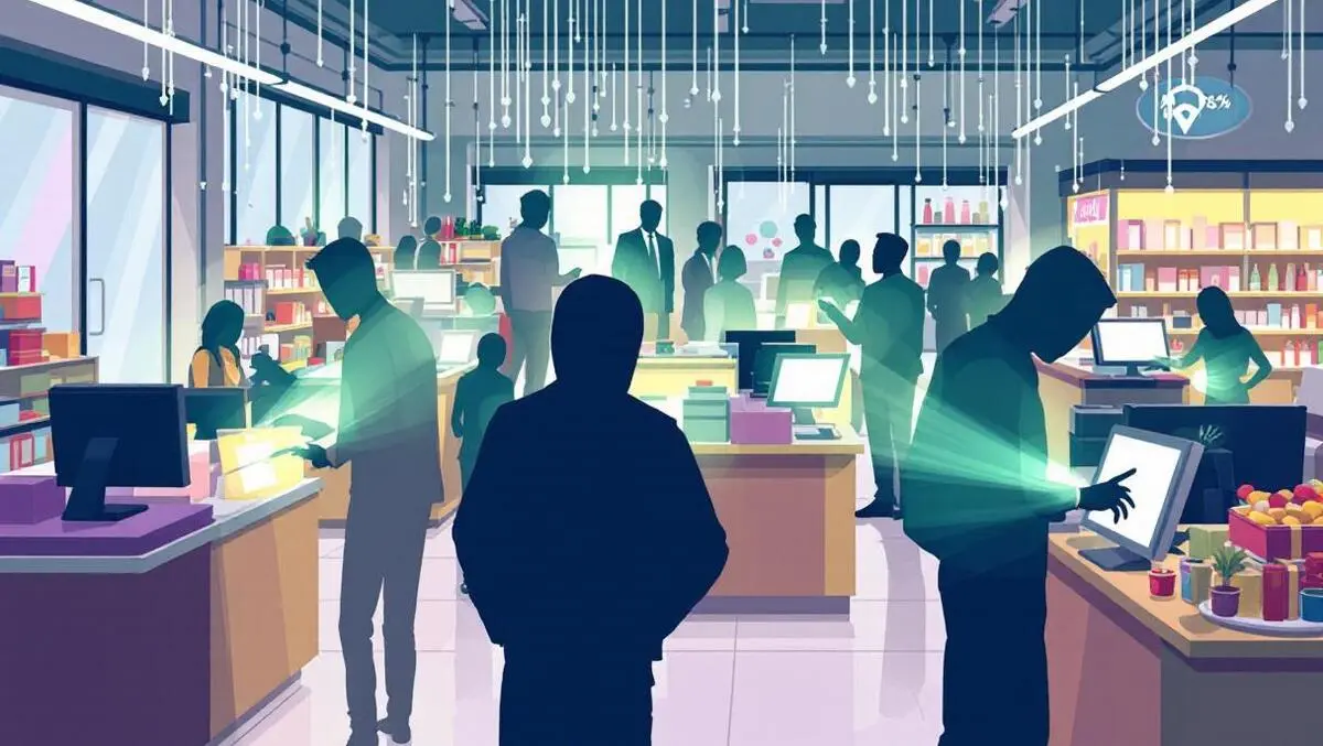 Busy retail store digital shadowy figures cyber threats pos terminals