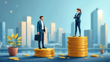 Australian office scene man woman standing on coin stacks cityscape