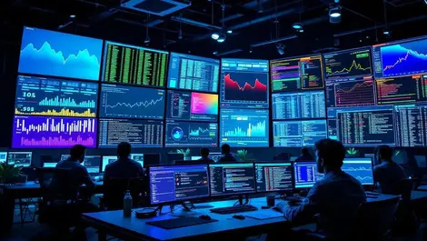 Modern it operations center large screens colorful graphs logs analytics