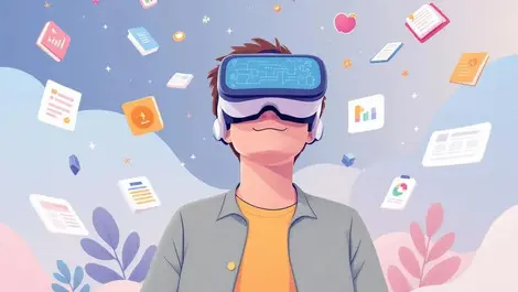 Person using vr headset with floating books and training icons transforming into 3d virtual scenarios
