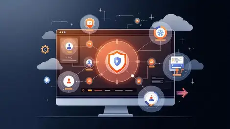 Modern software dashboard with security shield icons and workflow diagrams